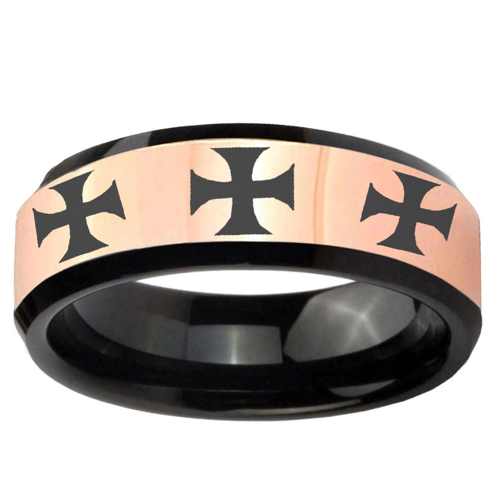 Multiple Maltese Cross Rose Gold Black Bevel Tungsten Ring