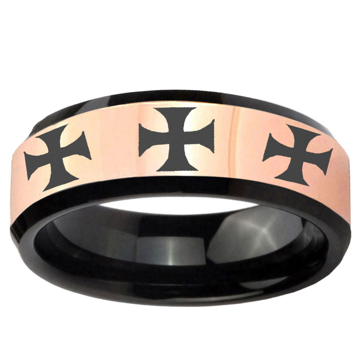 Multiple Maltese Cross Rose Gold Black Bevel Tungsten Ring