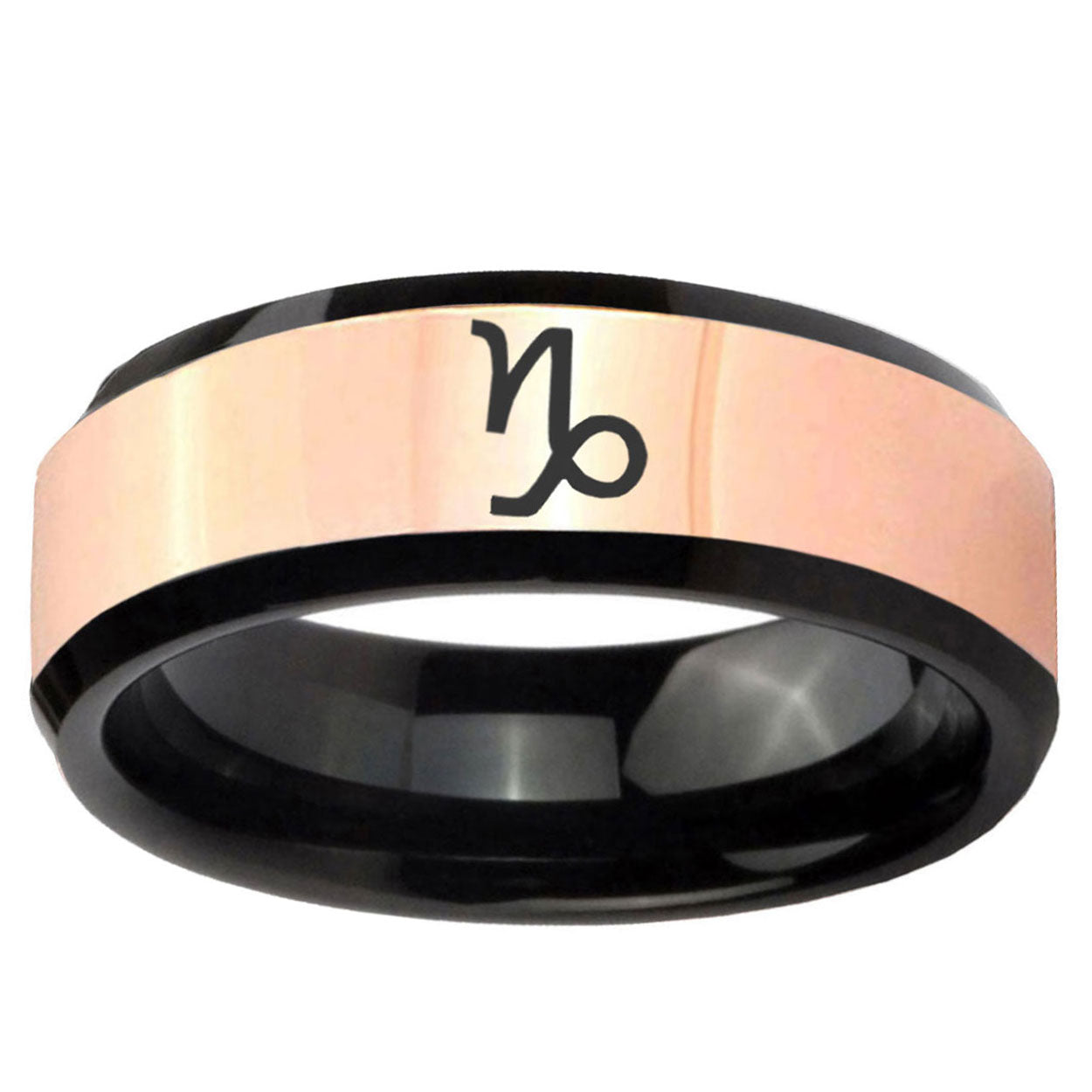 Capricorn Zodiac Rose Gold Black Bevel Tungsten Ring