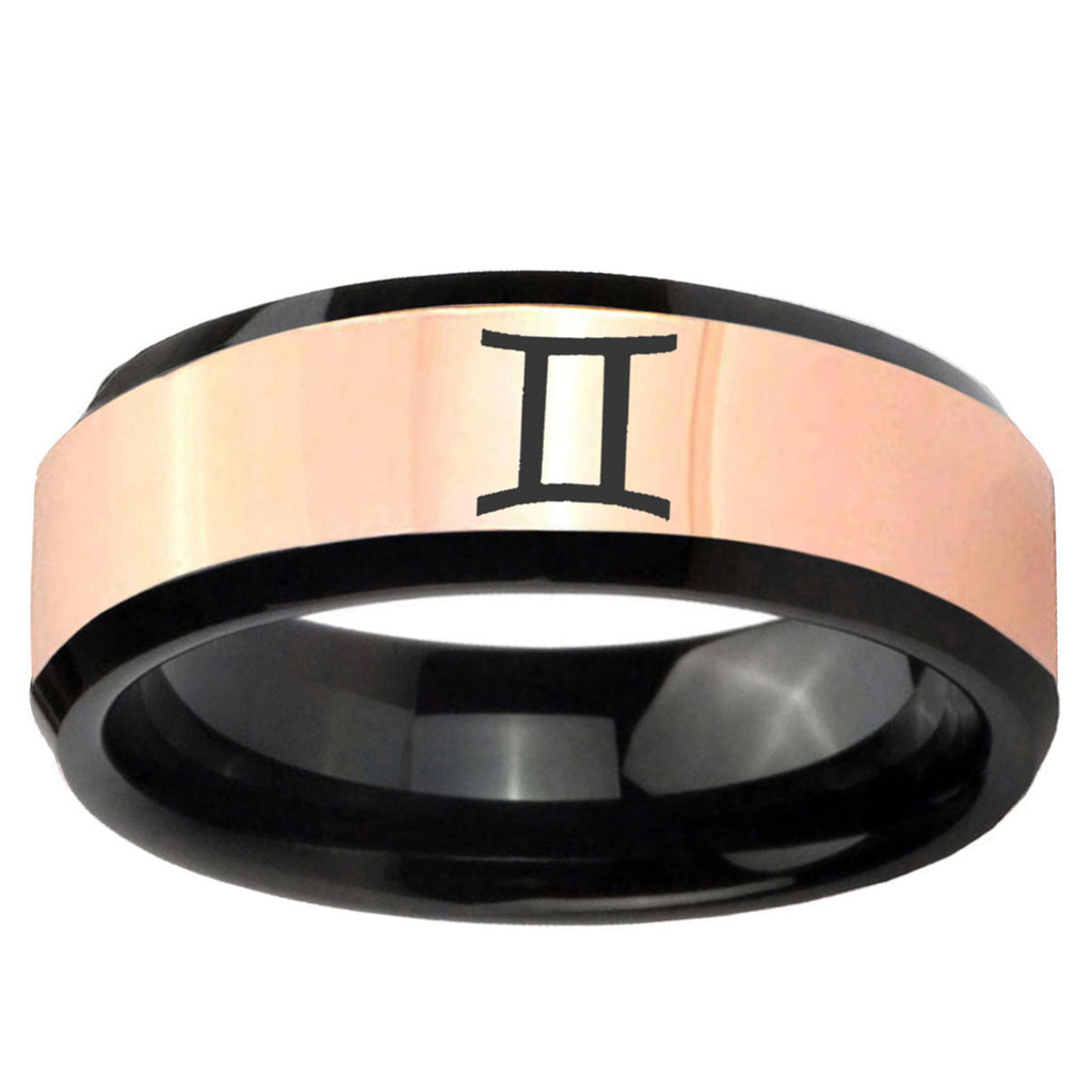 Gemini Zodiac Rose Gold Black Bevel Tungsten Wedding Ring