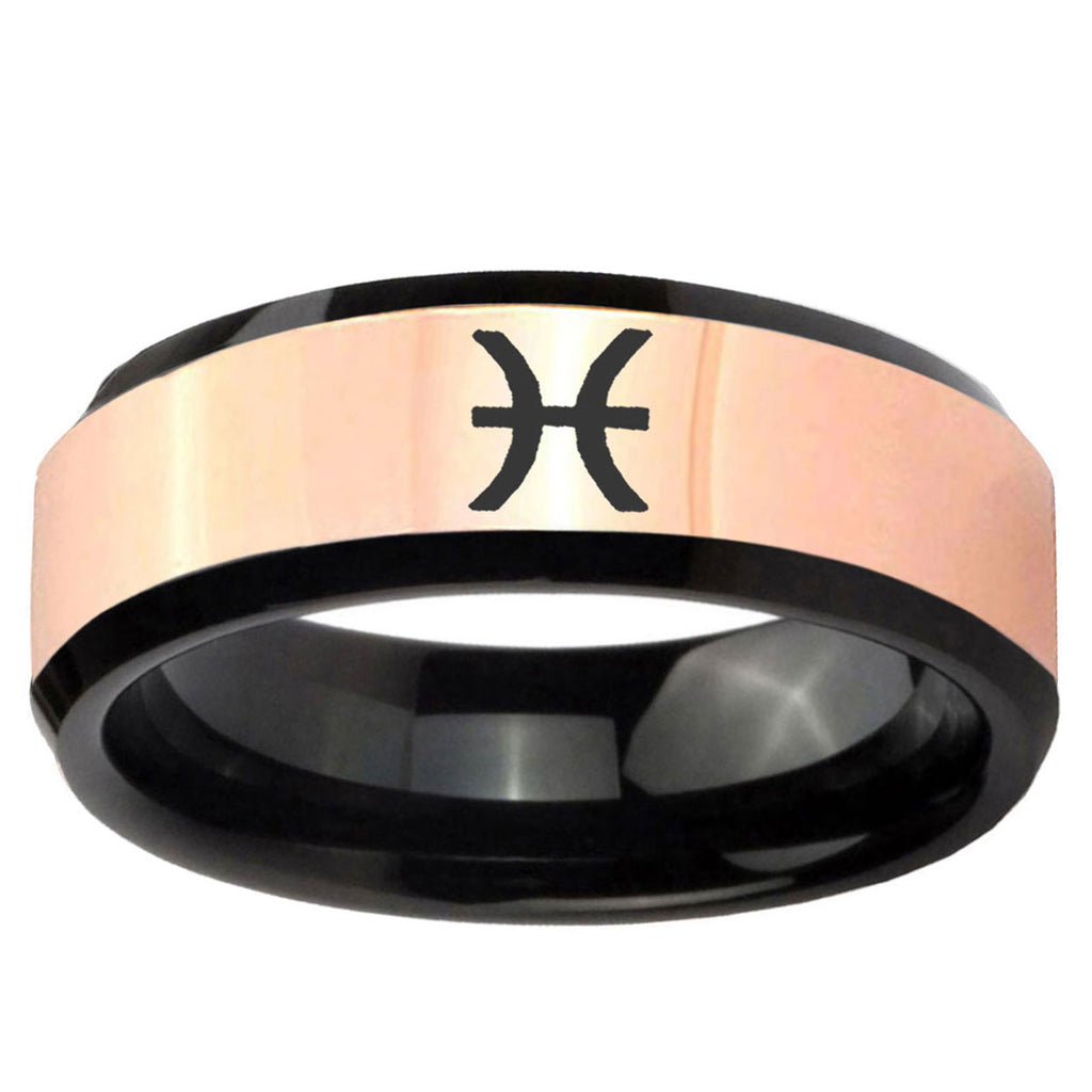 Pisces Zodiac Rose Gold Black Bevel Tungsten Custom Ring