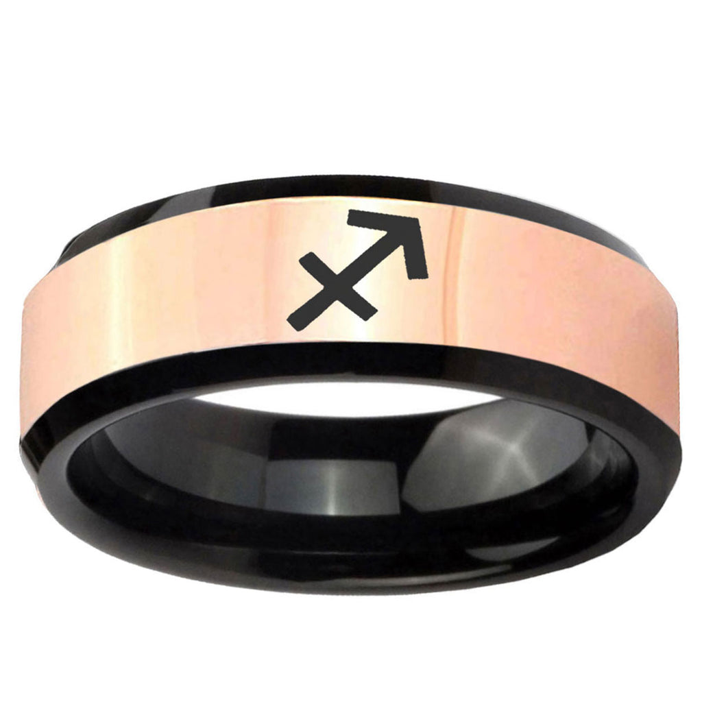 Sagittarius Zodiac Rose Gold Black Bevel Tungsten Ring