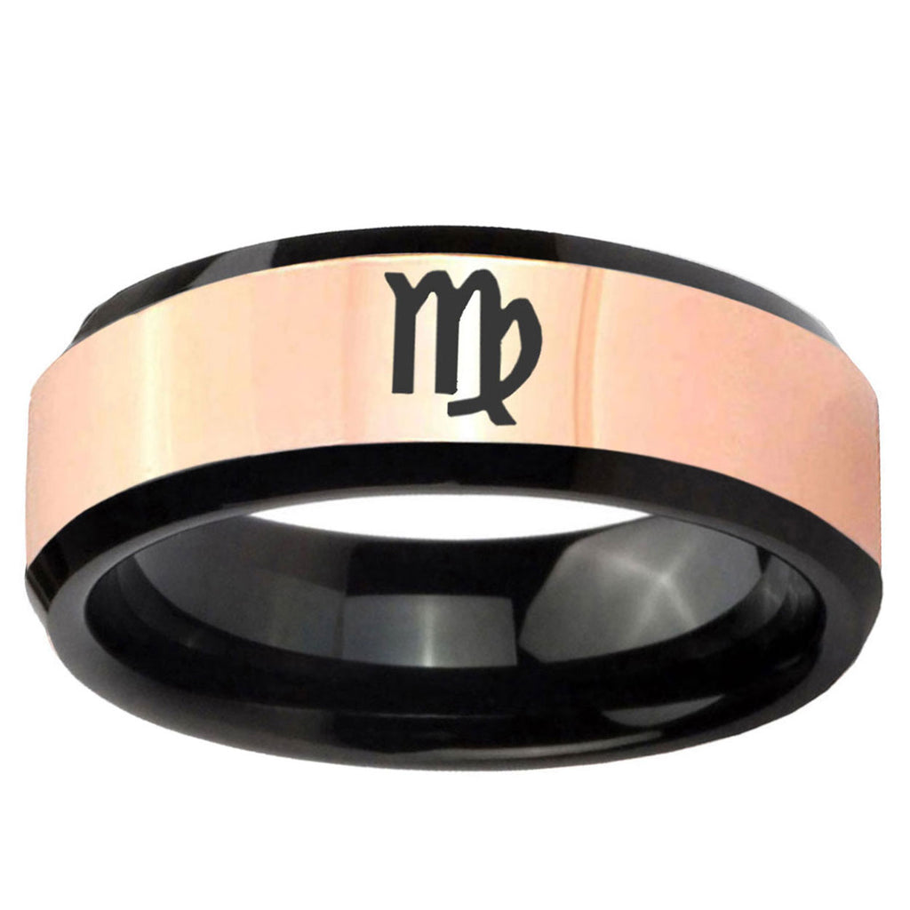 Virgo Zodiac Rose Gold Black Bevel Tungsten Men Ring