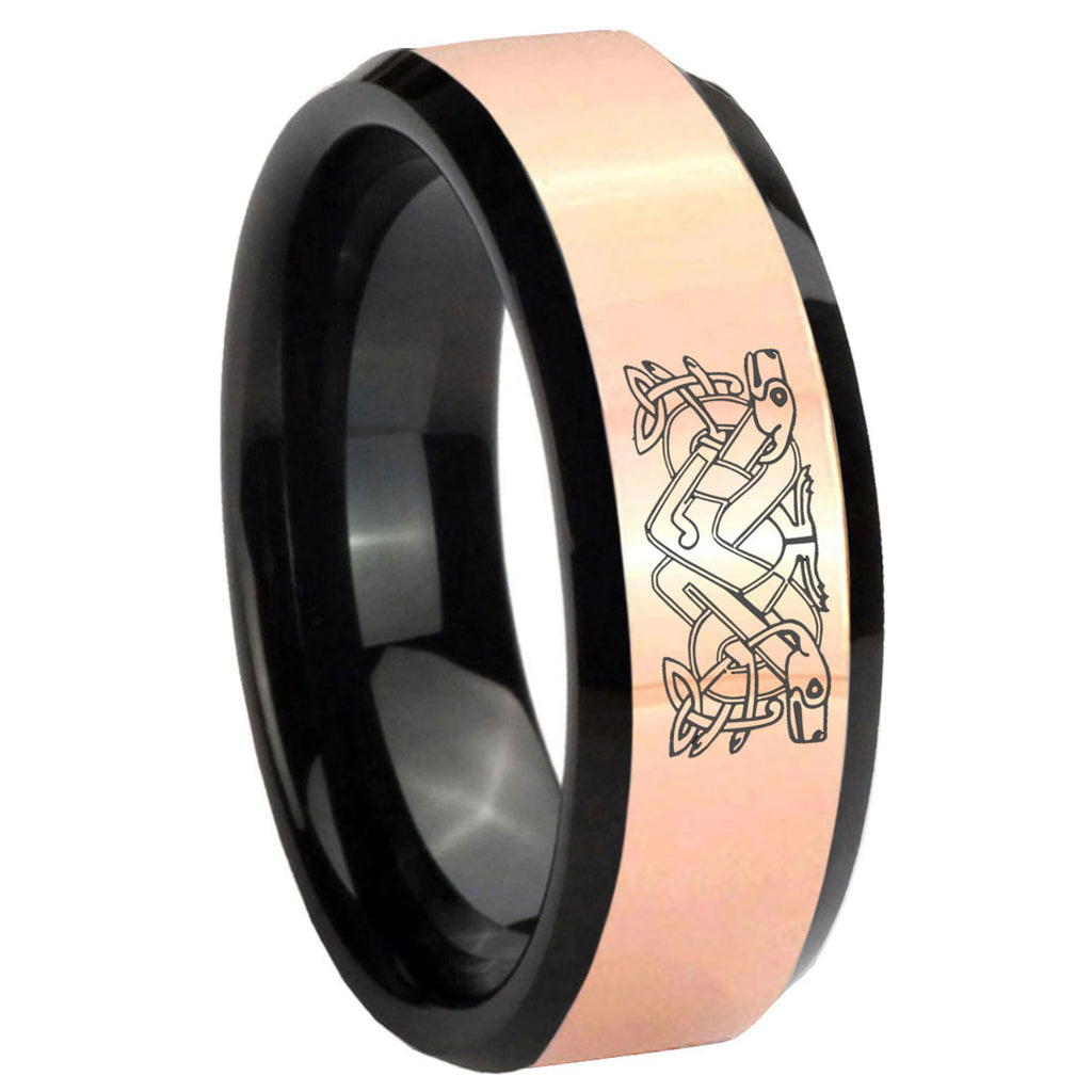 8MM Celtic Dog Rose Gold Black Bevel Tungsten Mens Wedding Ring