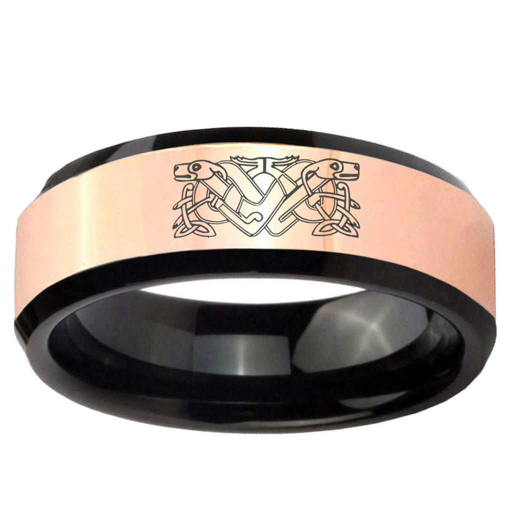 Celtic Dog Rose Gold Black Bevel Tungsten Mens Wedding Ring