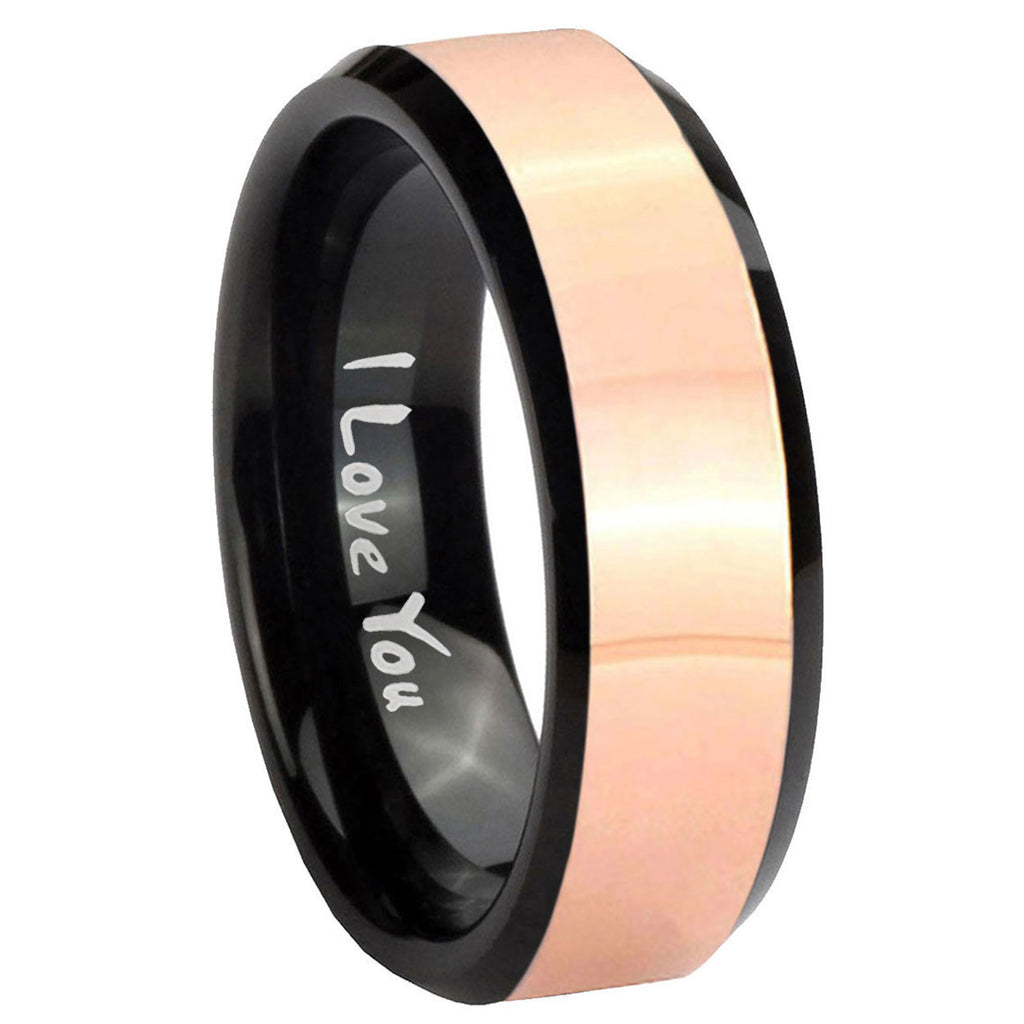 8MM I Love You Rose Gold Black Bevel Tungsten Mens Wedding Ring