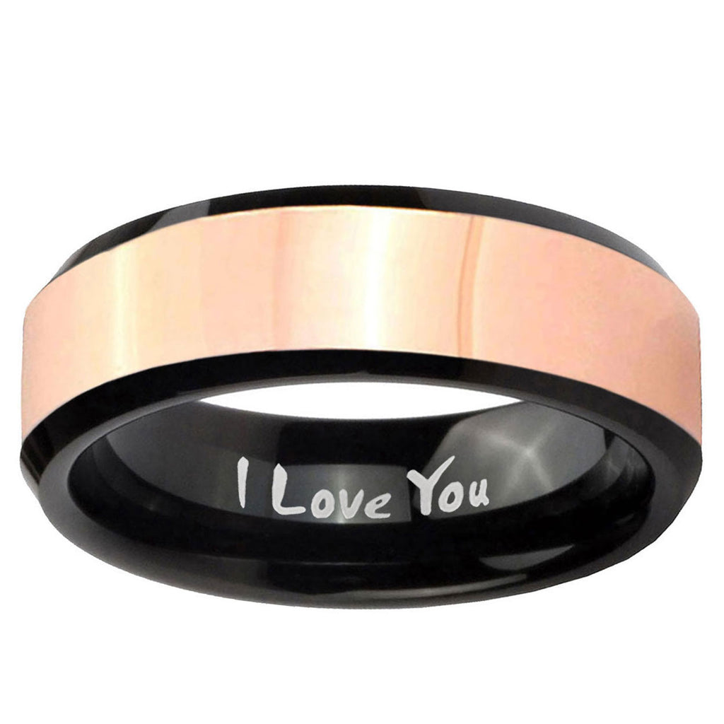 I Love You Rose Gold Black Bevel Tungsten Mens Wedding Ring