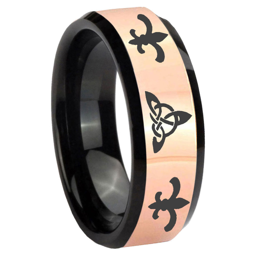 8MM Celtic Triangle Fleur-De-Lis Rose Gold Black Bevel Tungsten Ring