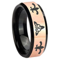 8MM Celtic Triangle Fleur-De-Lis Rose Gold Black Bevel Tungsten Ring