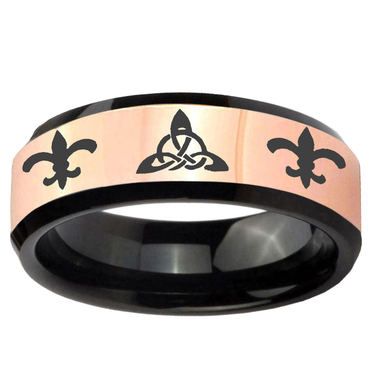 Celtic Triangle Fleur-De-Lis Rose Gold Black Bevel Tungsten Ring