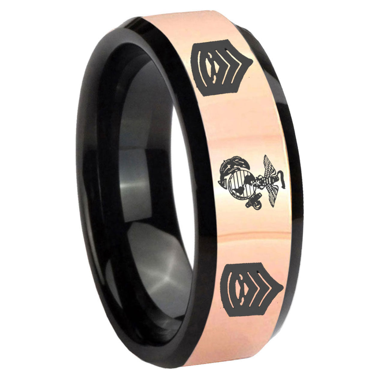 8MM Marine Army Sergeant Rose Gold Black Bevel Tungsten Ring