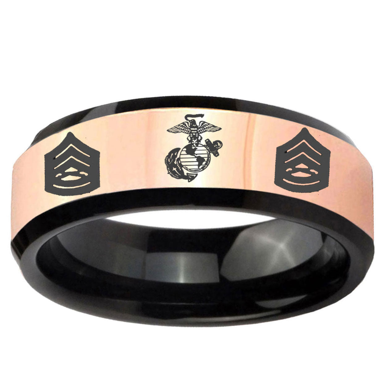 Marine Army Sergeant Rose Gold Black Bevel Tungsten Ring