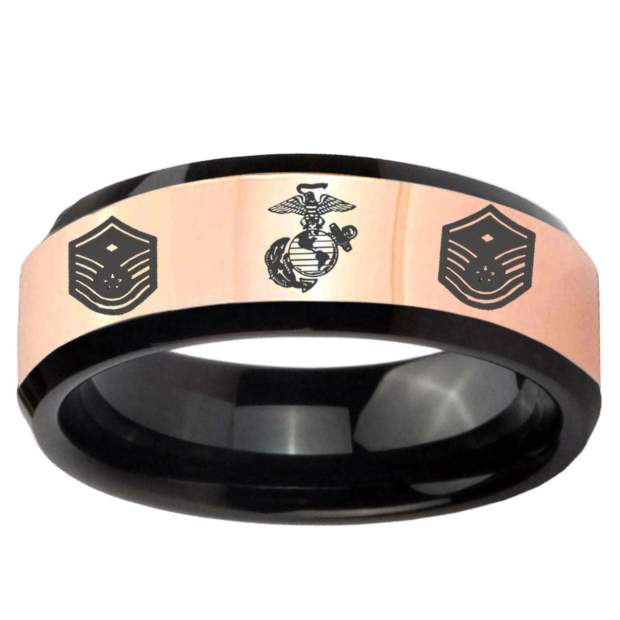 Marine Chief Master Sergeant Rose Gold Black Bevel Tungsten Ring