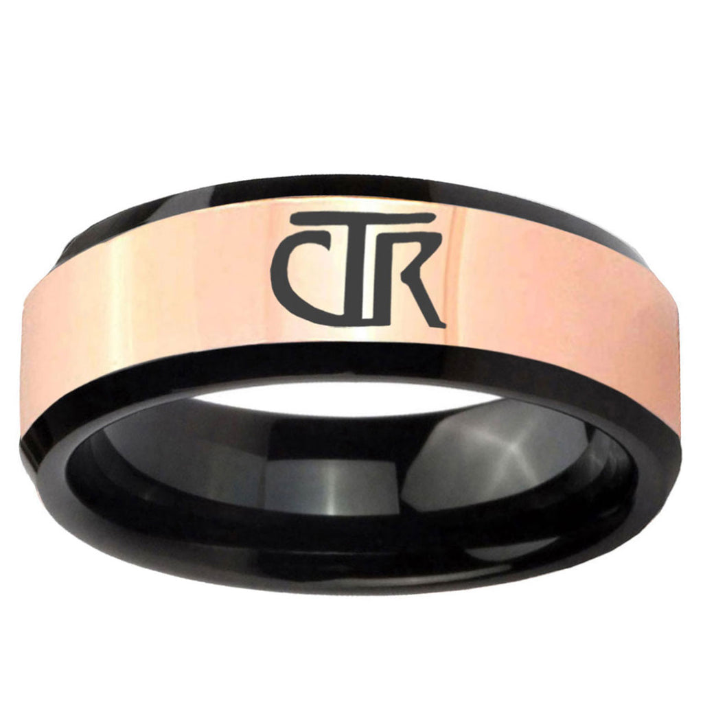 CTR Rose Gold And Black Beveled Edge Tungsten Engraved Ring