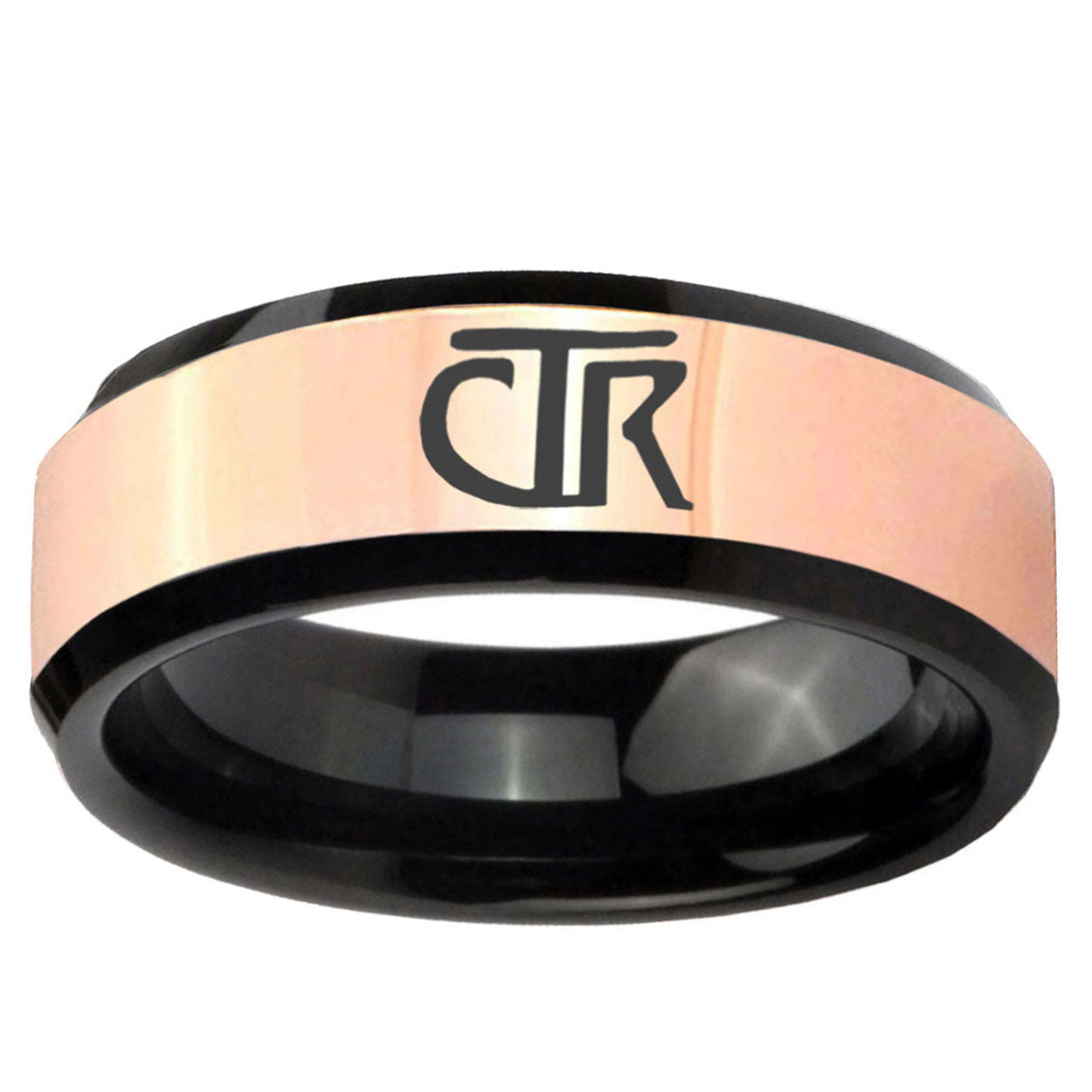 CTR Rose Gold And Black Beveled Edge Tungsten Engraved Ring