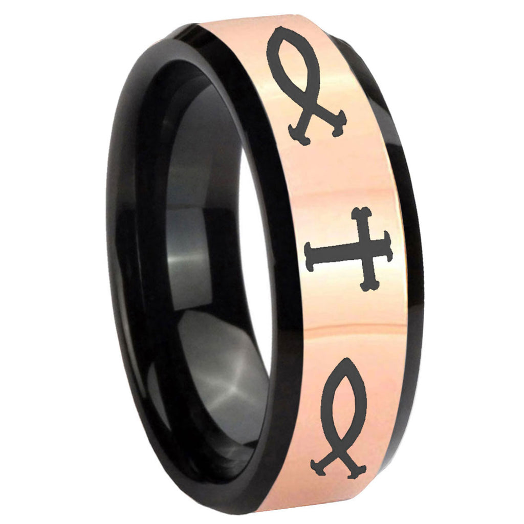 8MM Fish & Cross Rose Gold Black Bevel Tungsten Wedding Men's