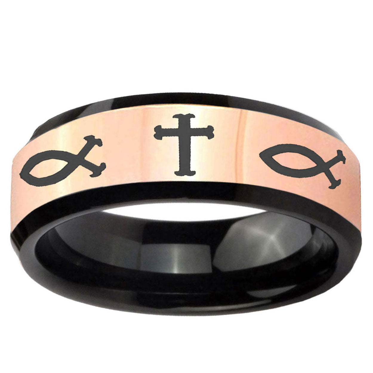 Fish & Cross Rose Gold Black Bevel Tungsten Wedding Men's