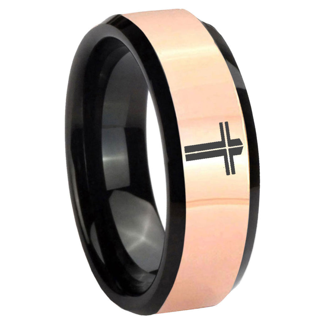 8MM Flat Christian Cross Rose Gold Black Bevel Tungsten Ring
