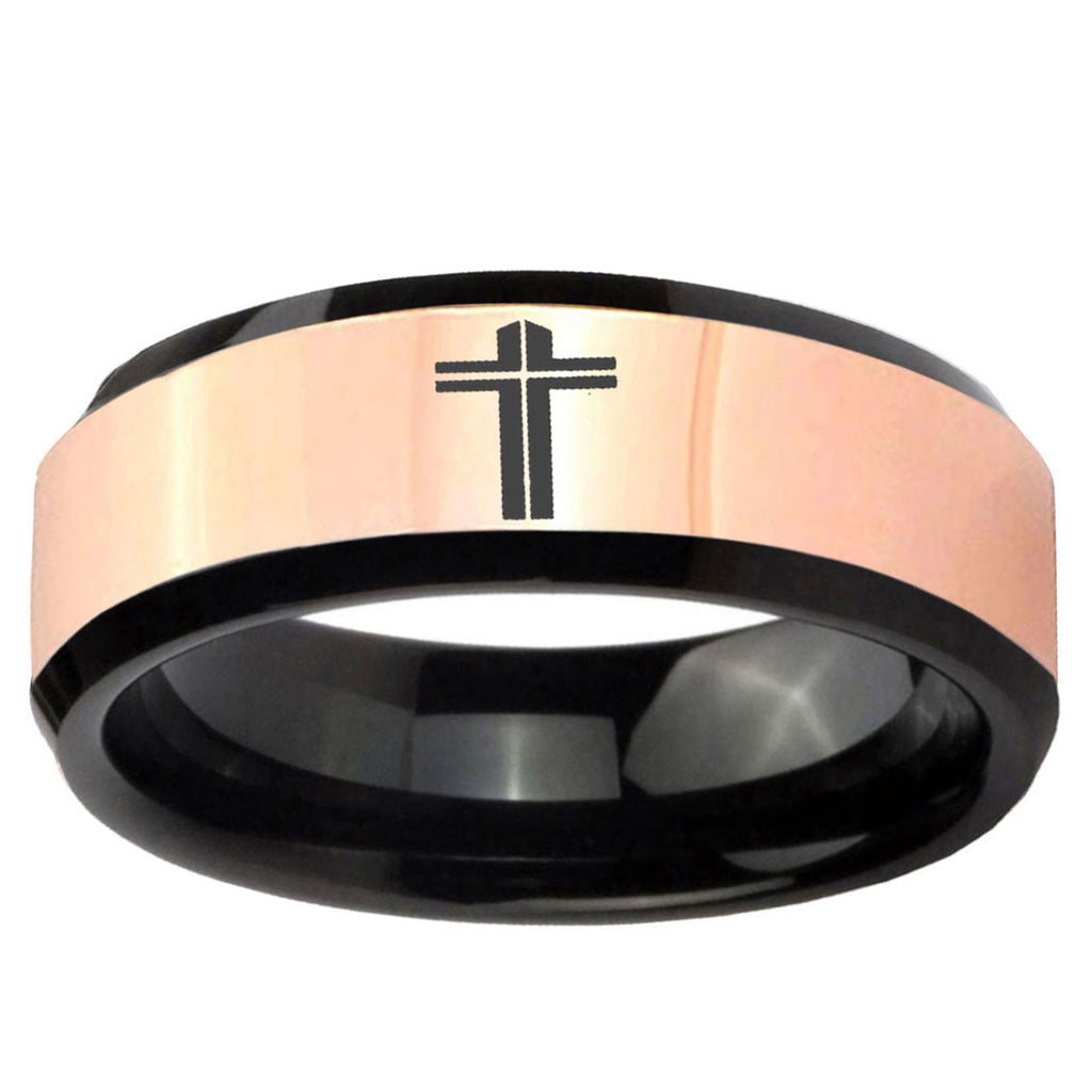 Flat Christian Cross Rose Gold Black Bevel Tungsten Ring