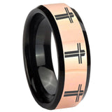 8mm Multiple Christian Cross Rose Gold And Black Beveled Edge Tungsten Men's Band Ring