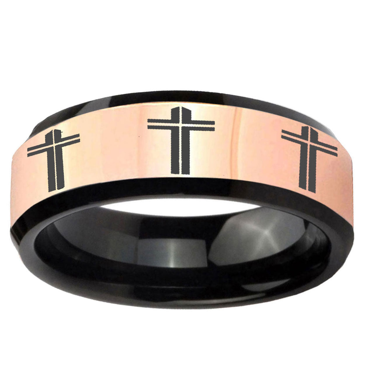 Multiple Christian Cross Rose Gold Black Bevel Tungsten Ring