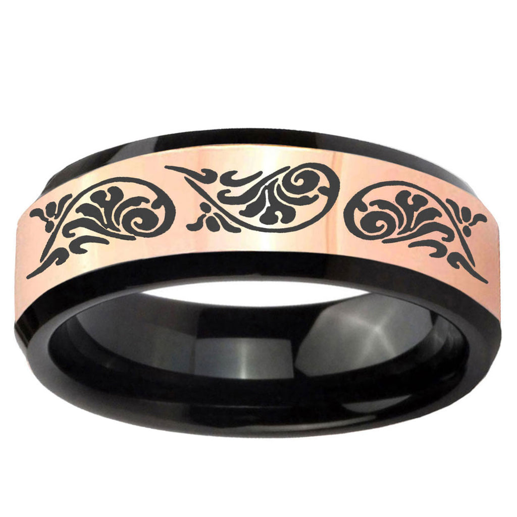 Etched Tribal Pattern Rose Gold Black Bevel Tungsten Ring 