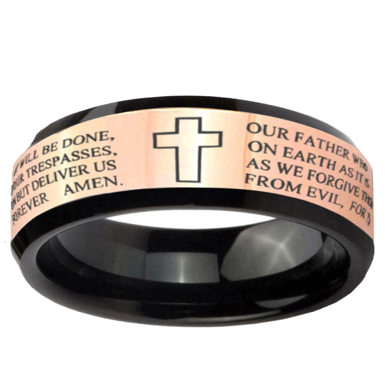 Etched Lord's Prayer Cross Rose Gold Black Bevel Tungsten Ring