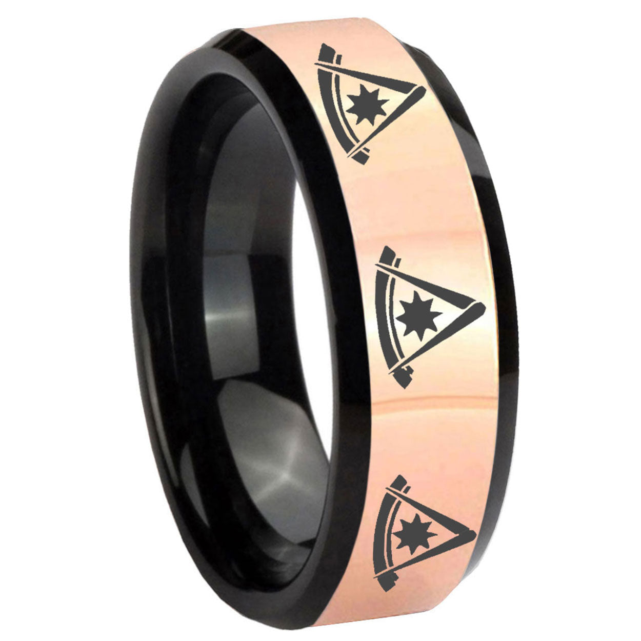 8MM Multiple Pester Master Masonic Rose Gold Black Bevel Tungsten Ring