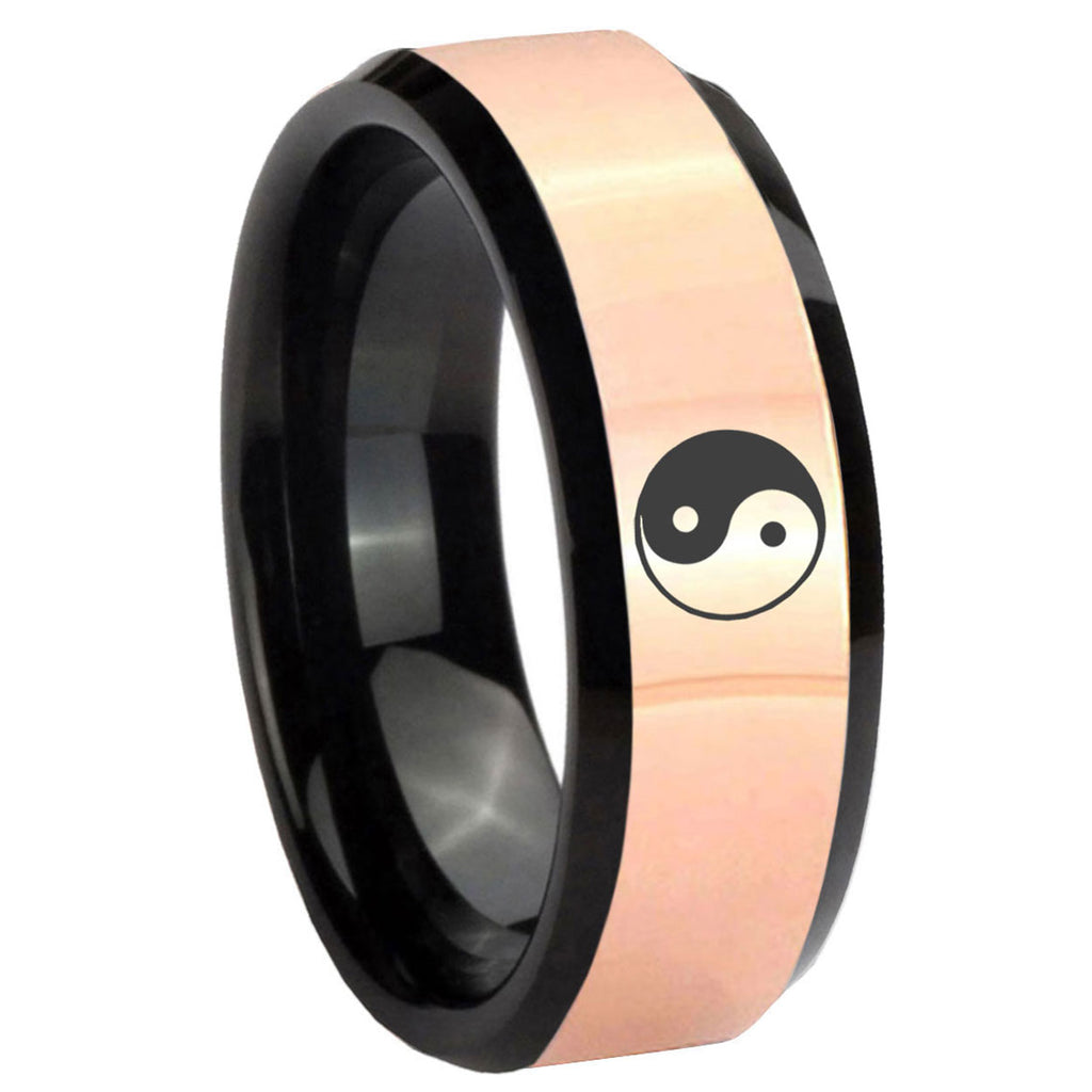 8MM Yin Yang Rose Gold Black Bevel Tungsten Personalized Ring
