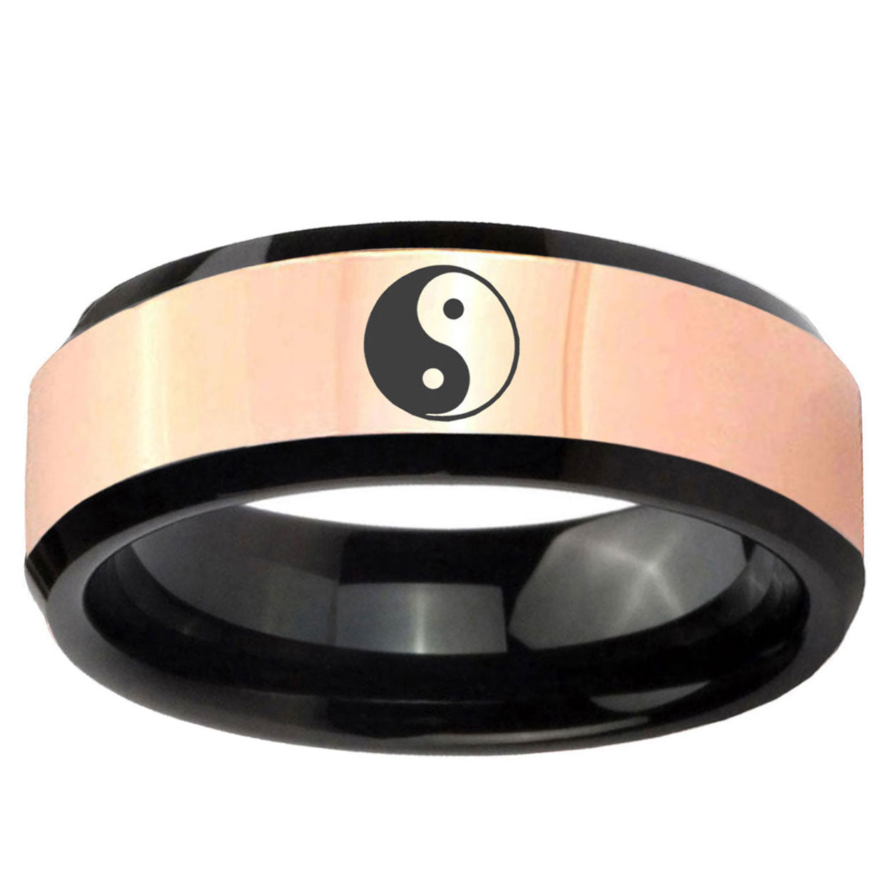 Yin Yang Rose Gold Black Bevel Tungsten Personalized Ring