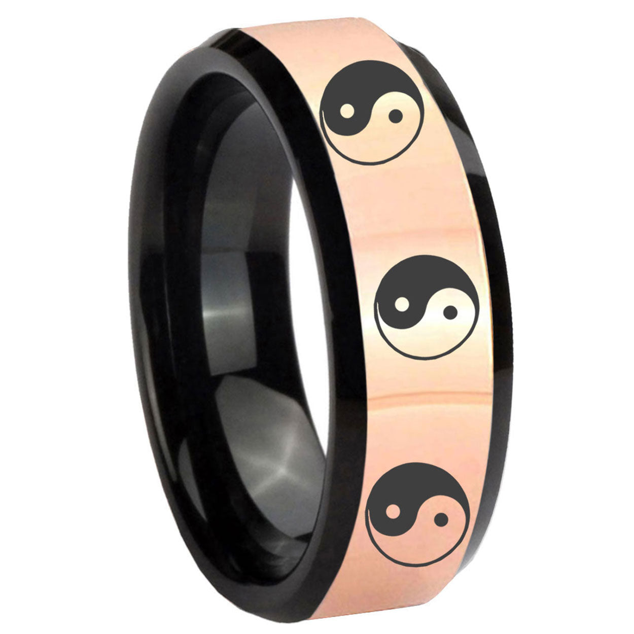 8MM Multiple Yin Yang Rose Gold Black Bevel Tungsten Promise Ring