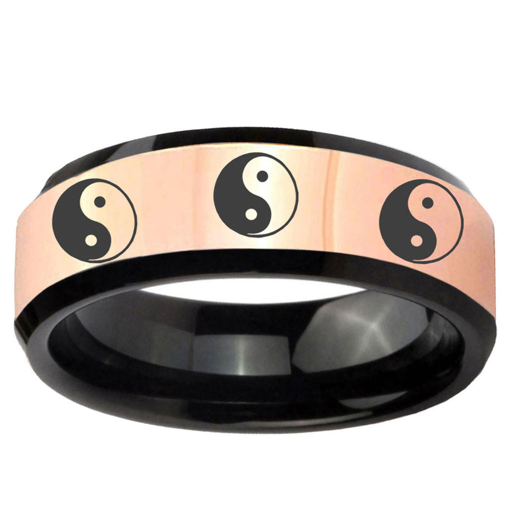 Multiple Yin Yang Rose Gold Black Bevel Tungsten Promise Ring