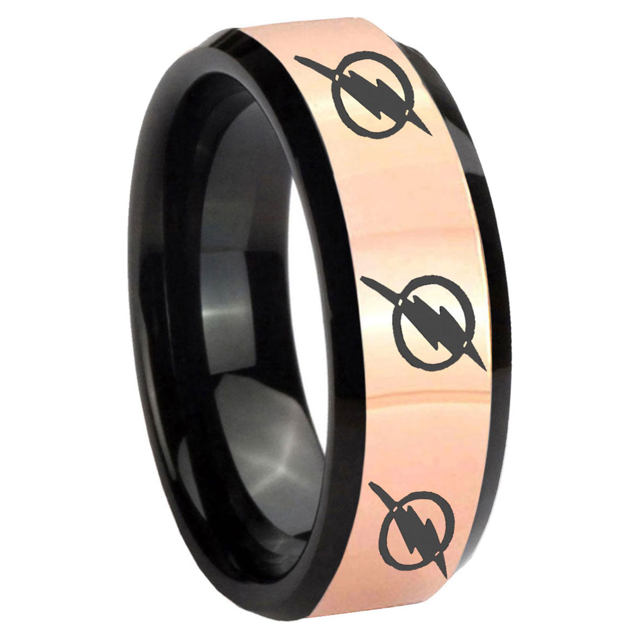 8MM Multiple Flash Rose Gold Black Bevel Men's Wide Wedding Bands