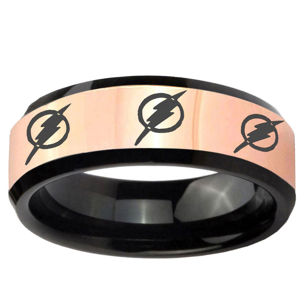 Multiple Flash Rose Gold Black Bevel Men's Wide Wedding Bands