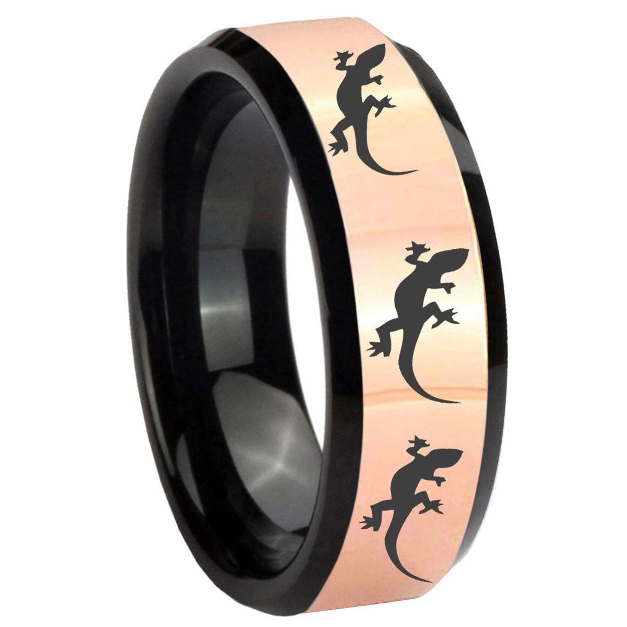 8MM Multiple Lizard Rose Gold Black Bevel Tungsten Wedding Band