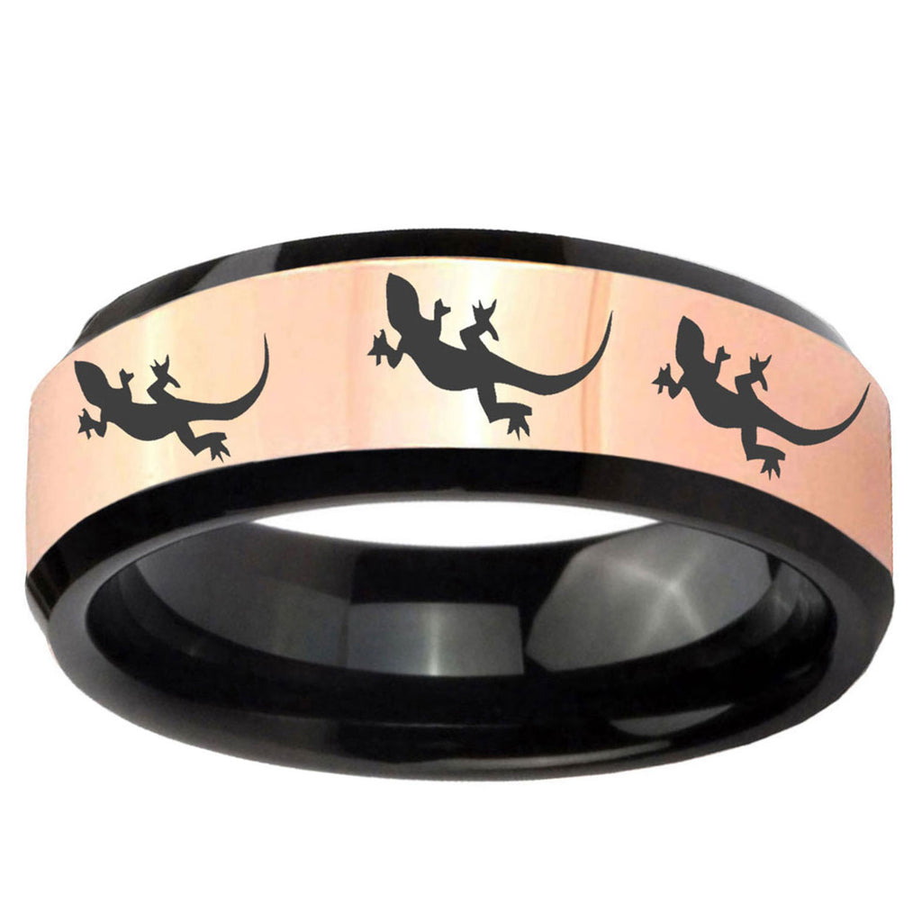 Multiple Lizard Rose Gold Black Bevel Tungsten Wedding Band