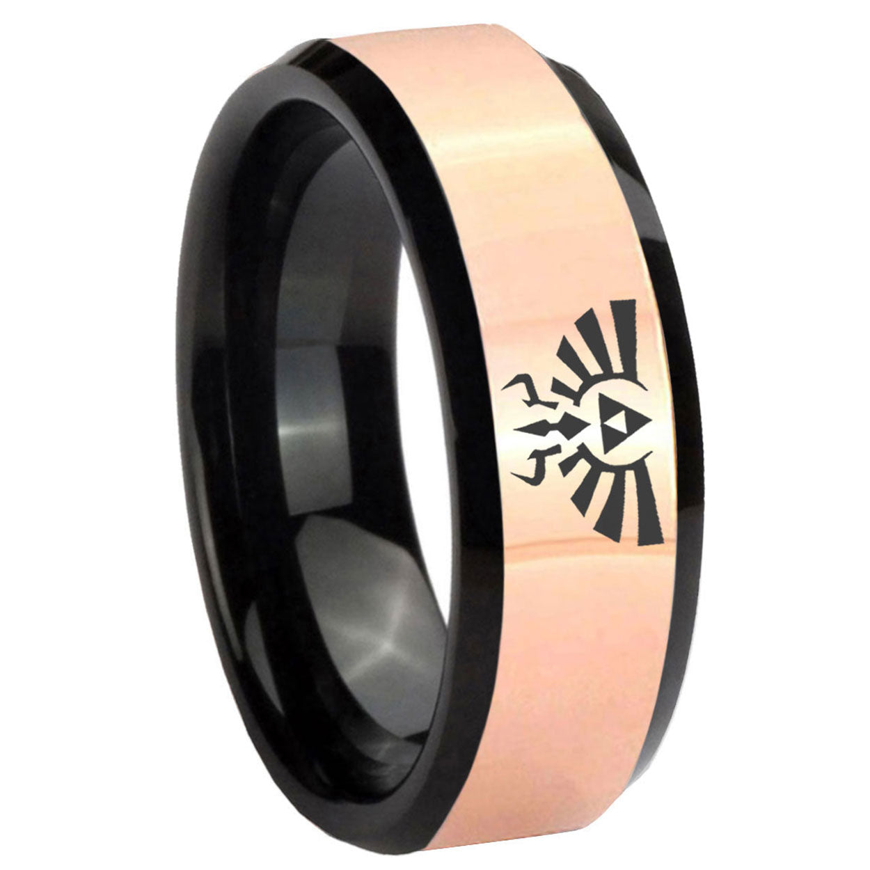 8MM Zelda Skyward Sword Rose Gold Black Bevel Tungsten Ring