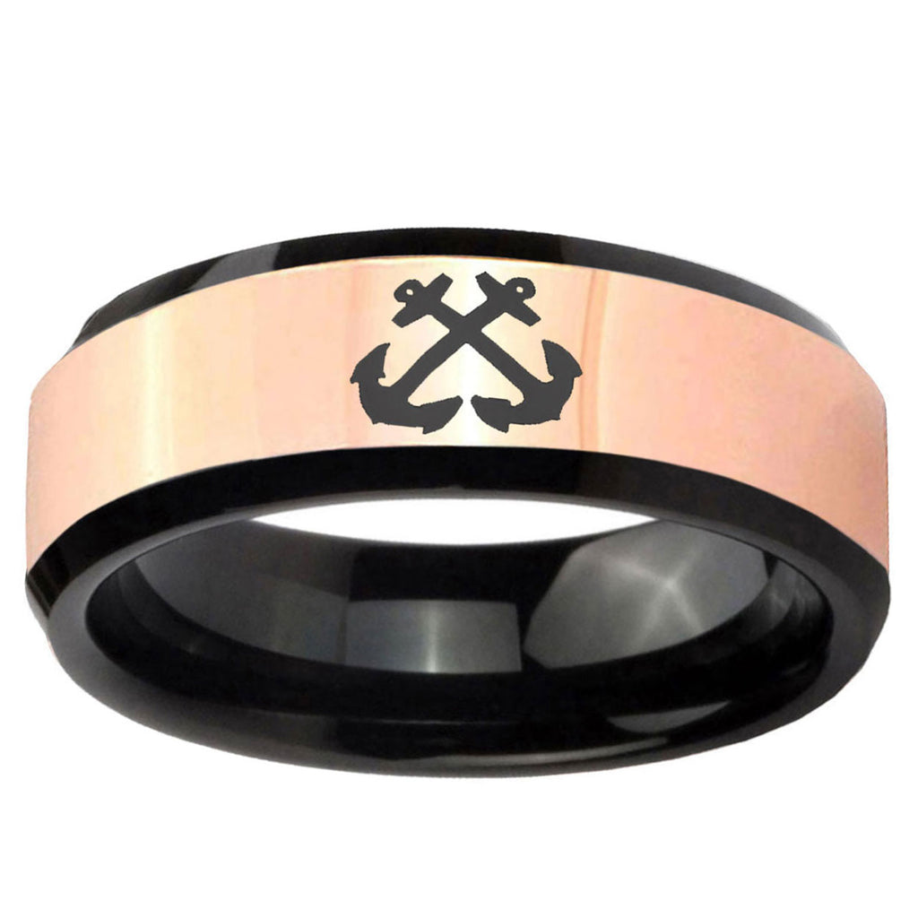 Anchor Rose Gold And Black Bevel Tungsten Wedding Ring