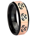 8MM Multiple Anchor Rose Gold Black Bevel Tungsten Ring