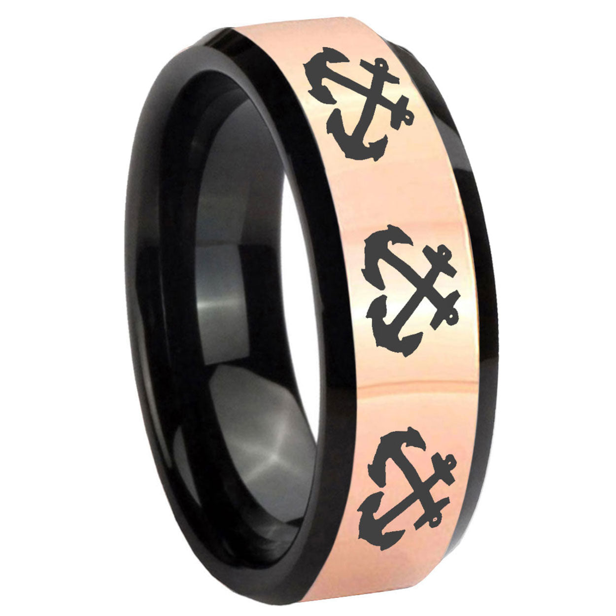 8MM Multiple Anchor Rose Gold Black Bevel Tungsten Ring