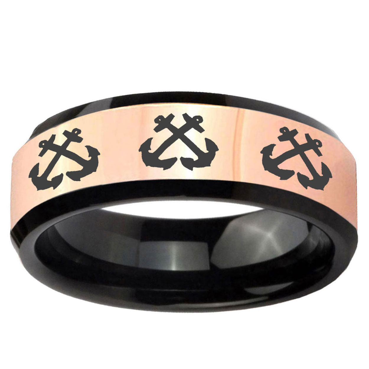 Multiple Anchor Rose Gold Black Bevel Tungsten Ring