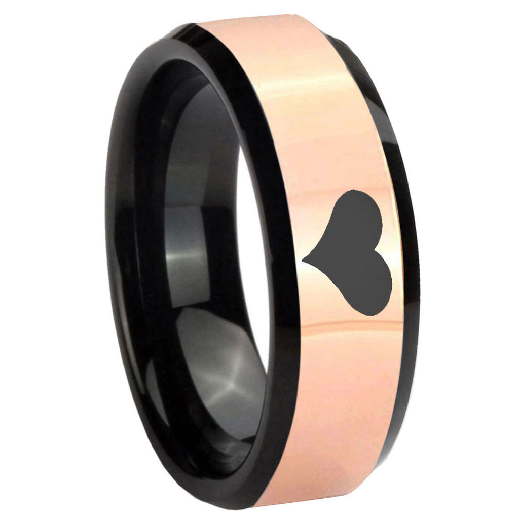 8MM Heart Rose Gold And Black Bevel Tungsten Engraved Ring