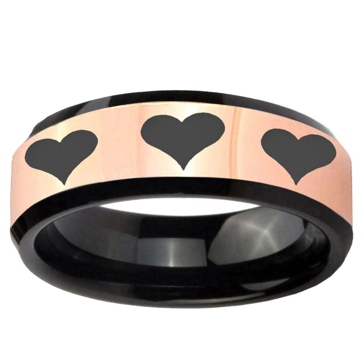 Multiple Heart Rose Gold Black Bevel Tungsten Men Ring