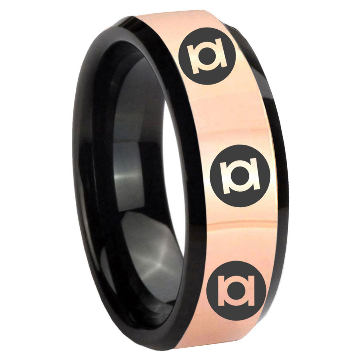 8MM Multiple Green Lantern Rose Gold Black Bevel Tungsten Ring
