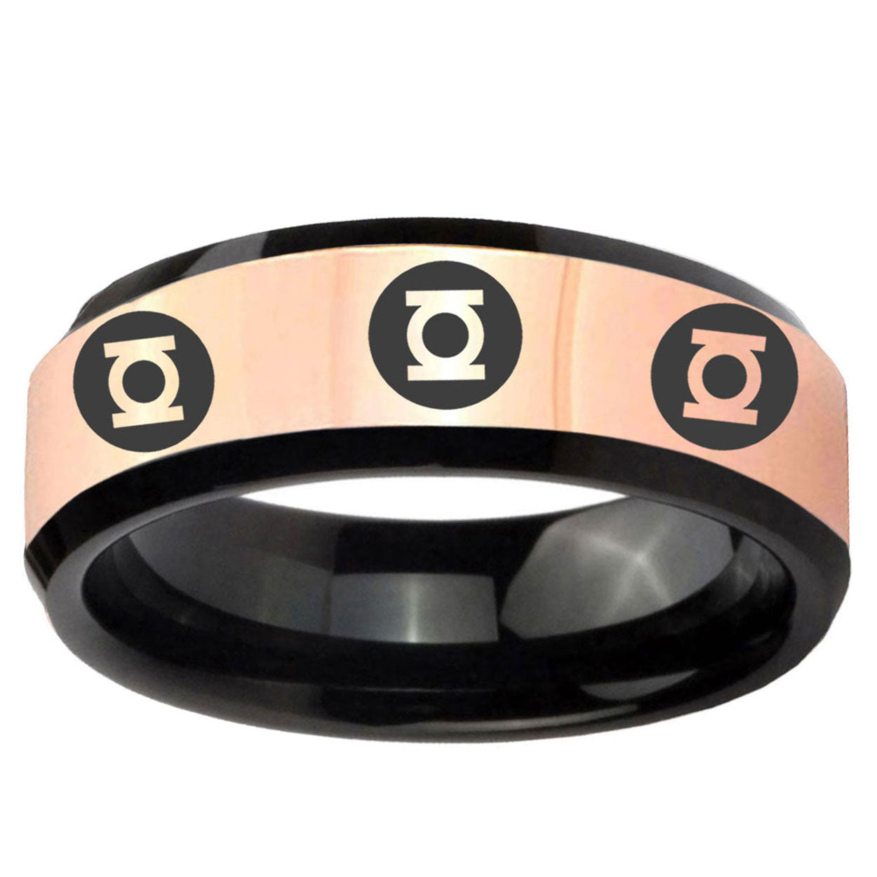 Multiple Green Lantern Rose Gold Black Bevel Tungsten Ring