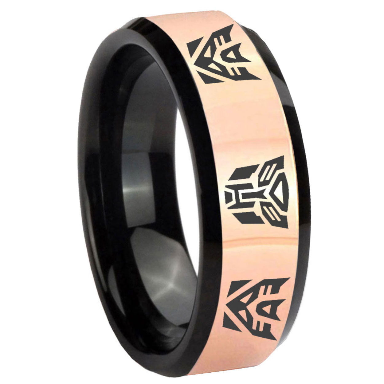 8MM Transformers Autobot Decepticon Rose Gold Black Bevel Tungsten Ring
