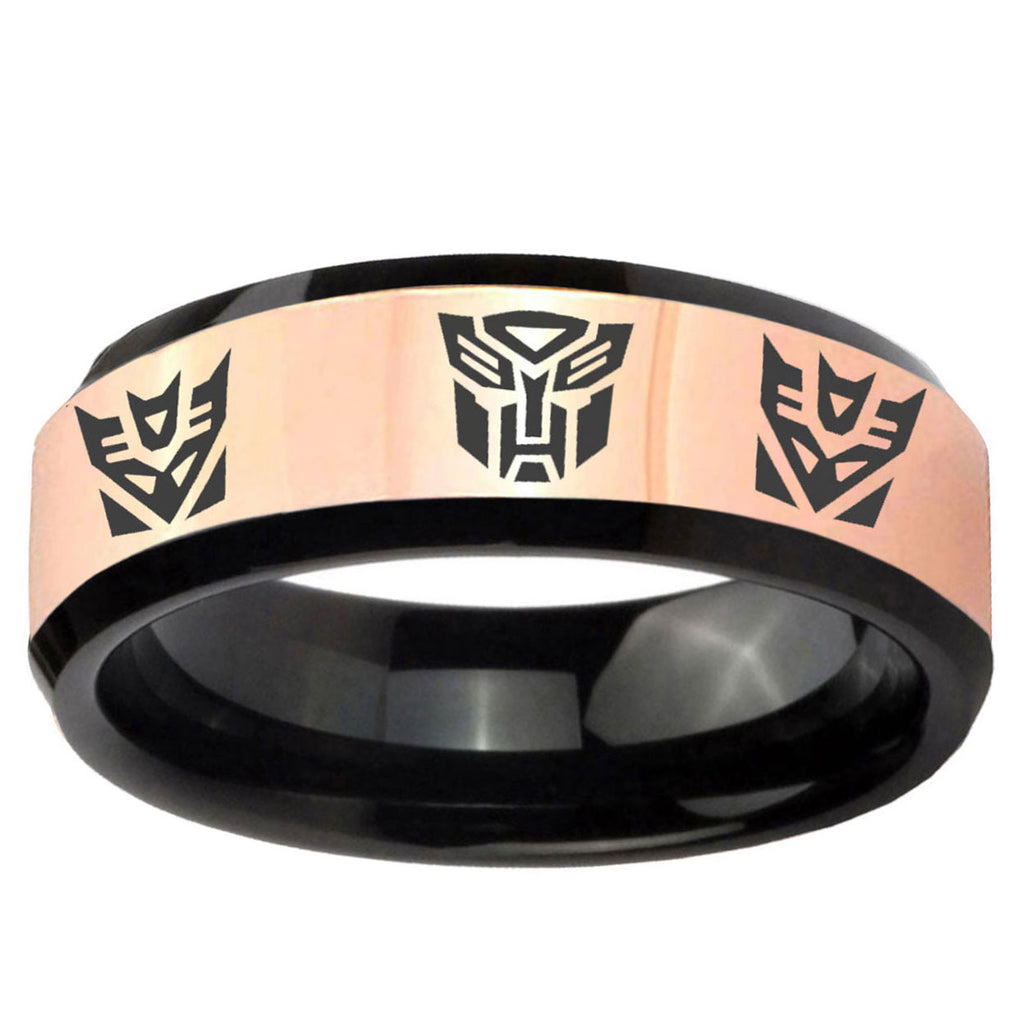 Transformers Autobot Decepticon Rose Gold Black Bevel Tungsten Ring