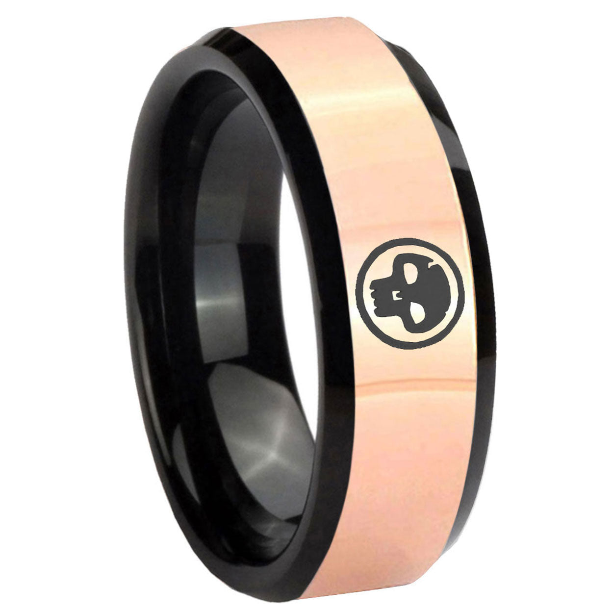 8MM Skull Rose Gold Black Bevel Tungsten Wedding Engraving Ring
