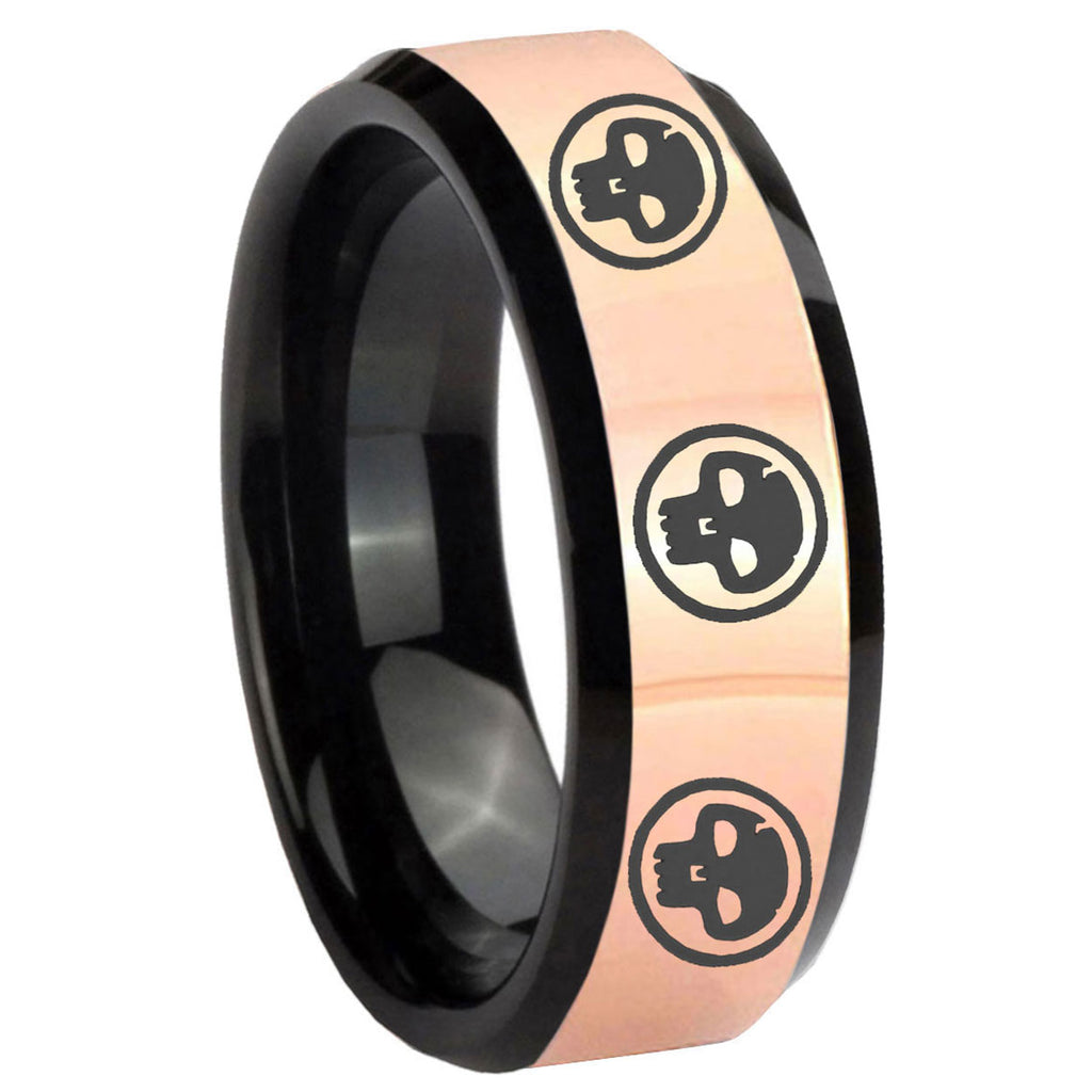 8MM Multiple Skull Rose Gold Black Bevel Tungsten Anniversary Ring