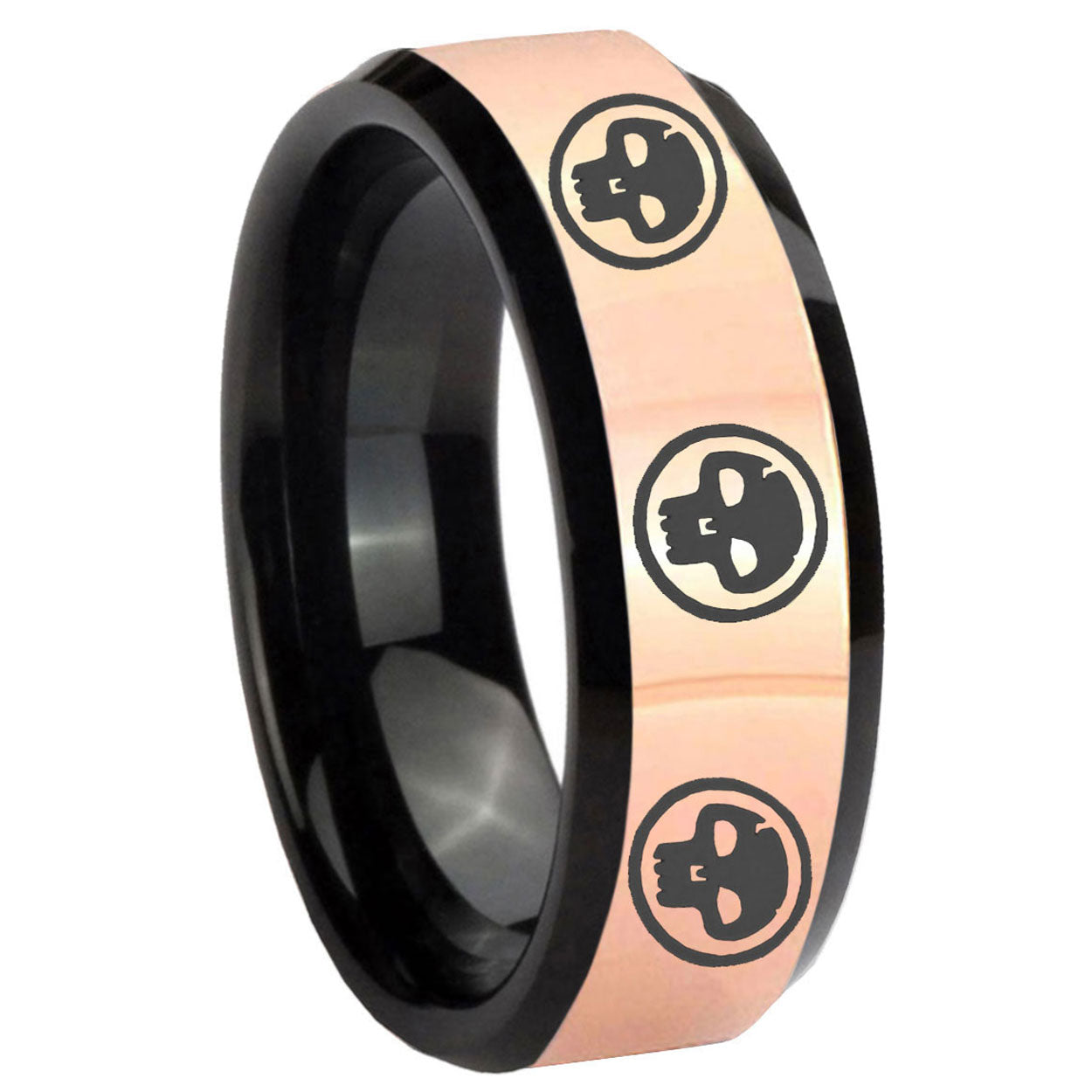 8MM Multiple Skull Rose Gold Black Bevel Tungsten Anniversary Ring